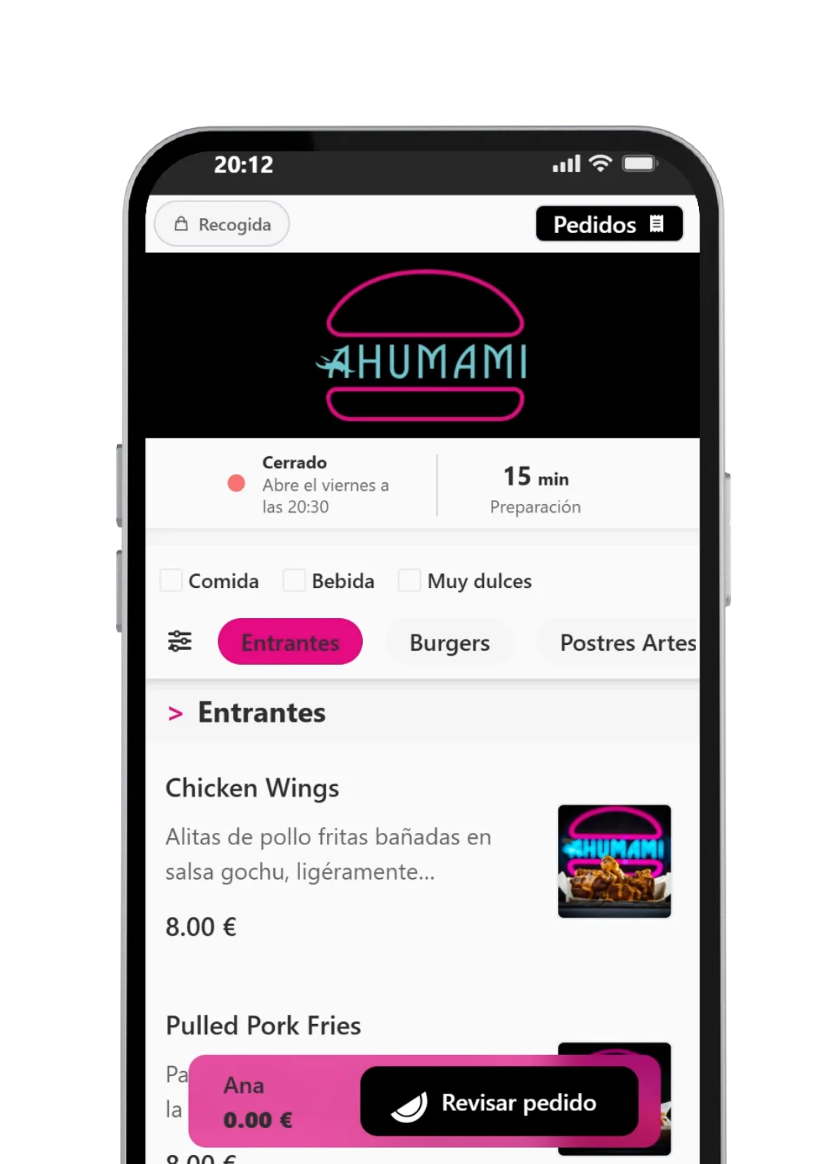 Pedidos para recoger de la hamburguesería Ahumami con Lymon