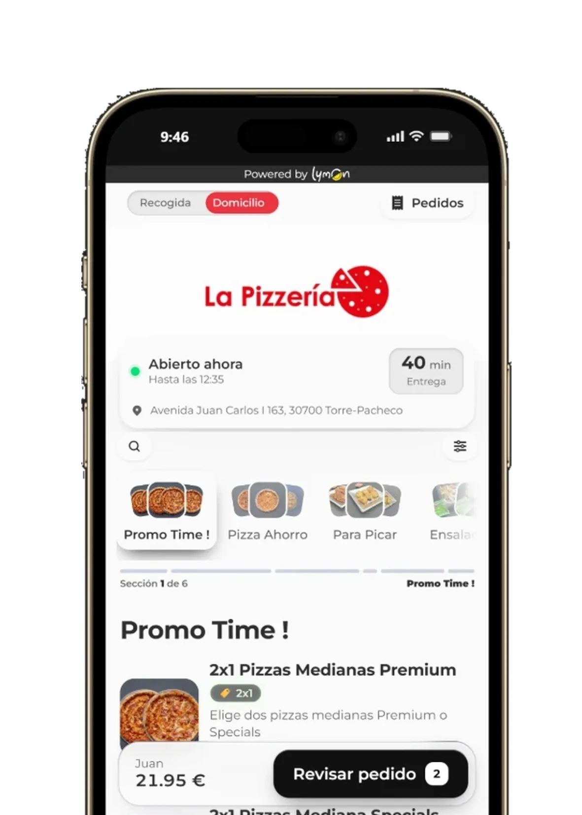 Pedidos para recoger y a domicilio de La Pizzería de Los Alcázares con Lymon