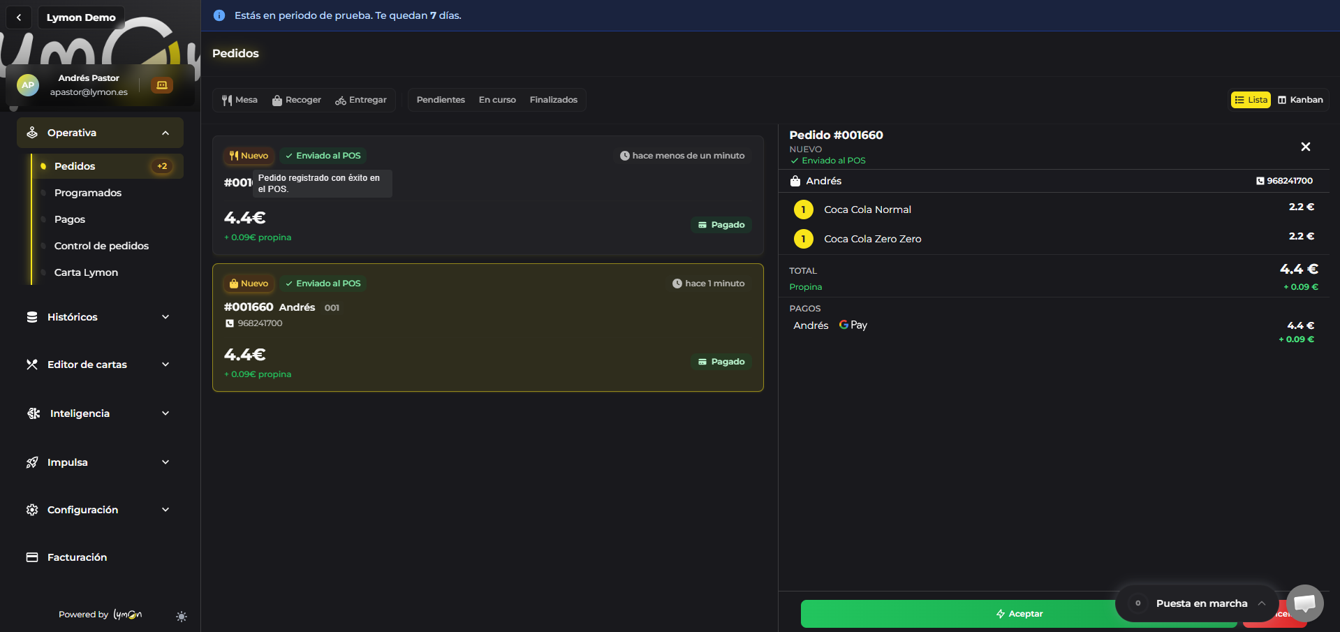 Vista de la sección Pedidos en Lymonero — lista de pedidos activos con panel de detalle